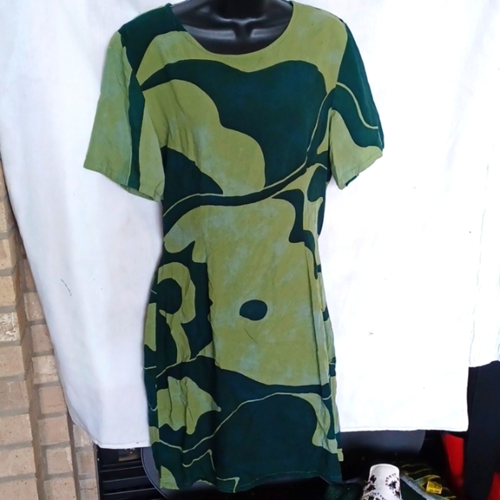 Reggae To Wear Loose Fit Dress, tie waist, short sleeve, green, Tie-dye, 21" ptp